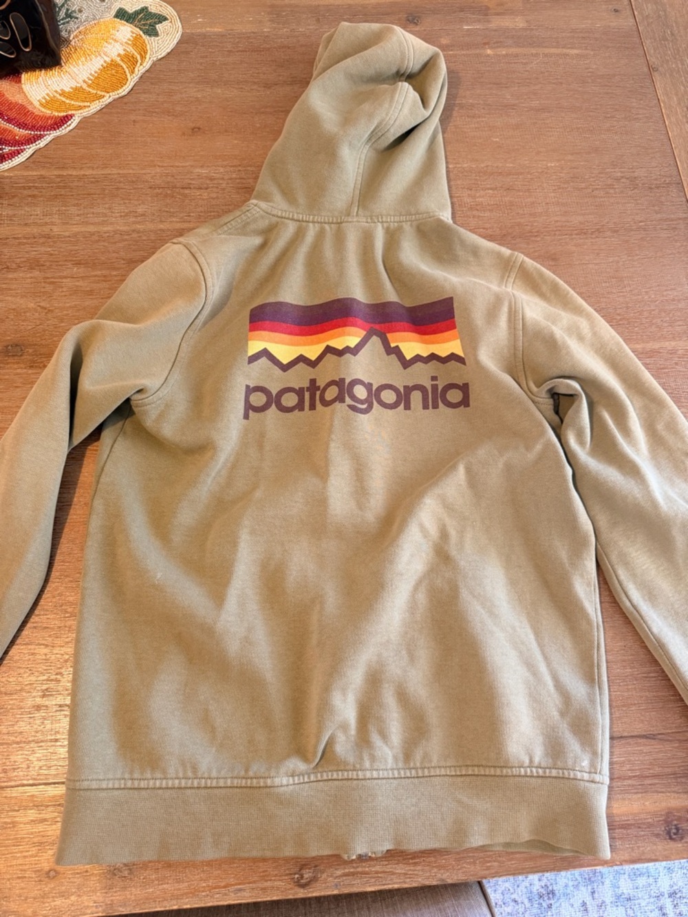 Patagonia Olive Green Zip-Up Hoodie with Sunset Logo